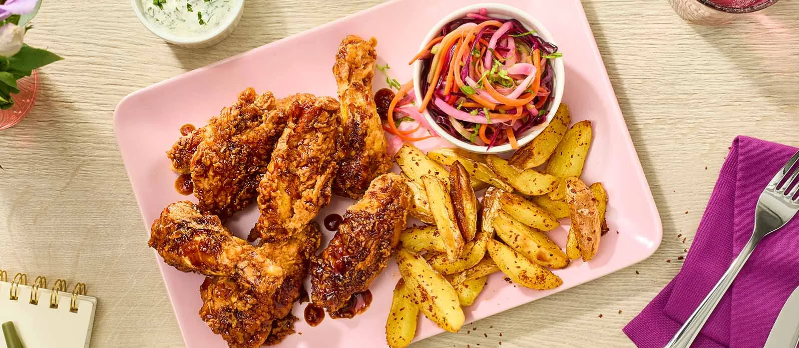 Teriyaki-Wings mit Slaw und scharfen Kartoffeln