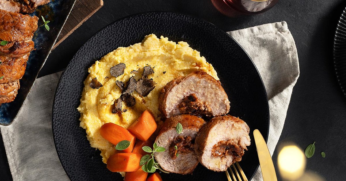 Gefüllter Kalbsbraten mit Käse-Trüffel-Polenta | Kikkoman